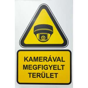 Kamerával megfigyelt terület figyelmeztető tábla, sárga háromszög kamerás ikonnal és fekete felirattal - Figyelmeztető matrica