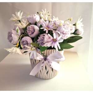 Selyemvirág csokor Dekoráció - Lila Rózsák és Margaréták - Asztali Kaspó - 23x25cm