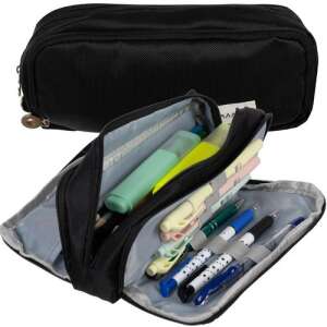 Black triple compartment pencil case Maaleo 24476, opened, showing compartments and organization - Pencil Case