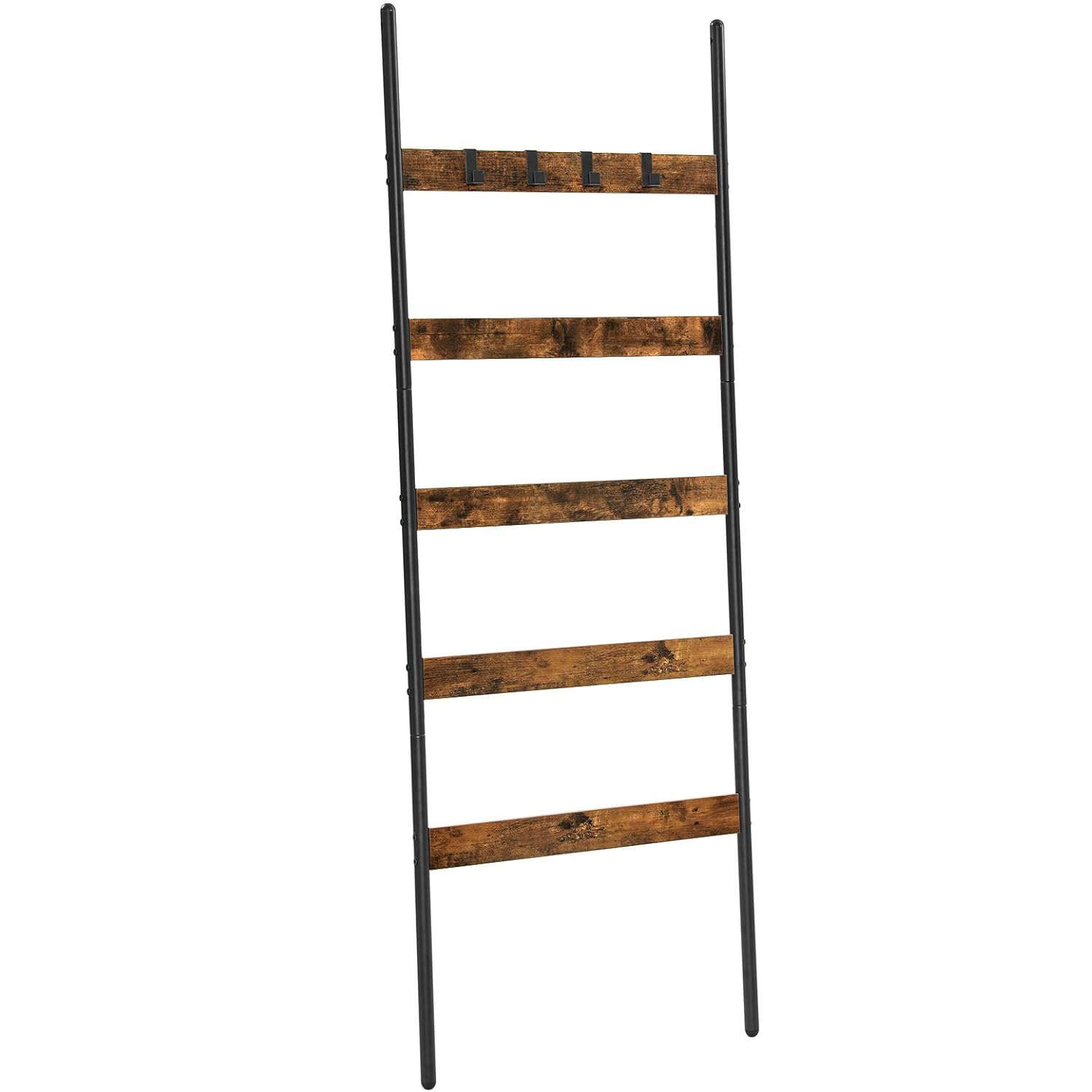 VASAGLE 5-Tier Ladder Shelf, Steel Frame, Removable Hooks, 65x178cm, Rustic Brown and Black