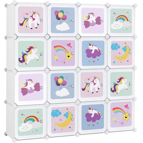 SONGMICS Рафт за съхранение с 16 куба с дизайн на еднорог, бял