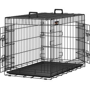 FEANDREA Cusca pentru animale, 2 usi, pliabila din metal, tava detasabila, L, 93x58x64cm, negru