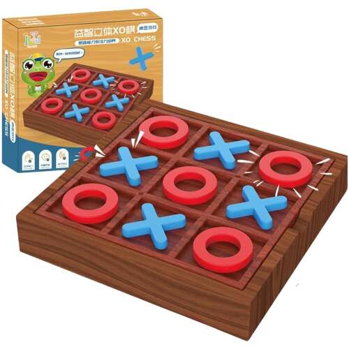 Tic Tac Toe játék, fa tábla piros és kék darabokkal, dobozban
