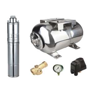 APC 4QGD 0.37/50 Merülő Szivattyú Hidrofor Rendszer Készlet 50L Rozsdamentes Acél Tartállyal, Nyomáskapcsolóval, 5-utas Csatlakozóval és Manométerrel - Öntözés
