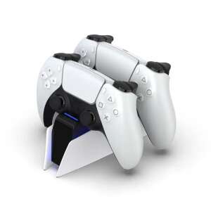 Dual charging station for PlayStation 5 controllers, white and black, with LED indicators - Controller charging station
