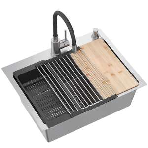 Acél mosogatótálca LUKE 110 WORKSTATION BRUSH NICKEL mit Armatur, Schneidebrett und Geschirrkorb - Spülbecken