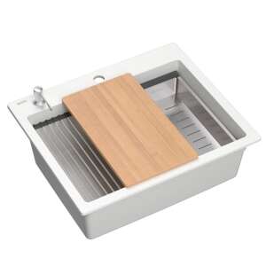 KURT 110 WORKSTATION Weiße Granitspüle mit Bambus-Schneidebrett und Zubehör - Spülbecken