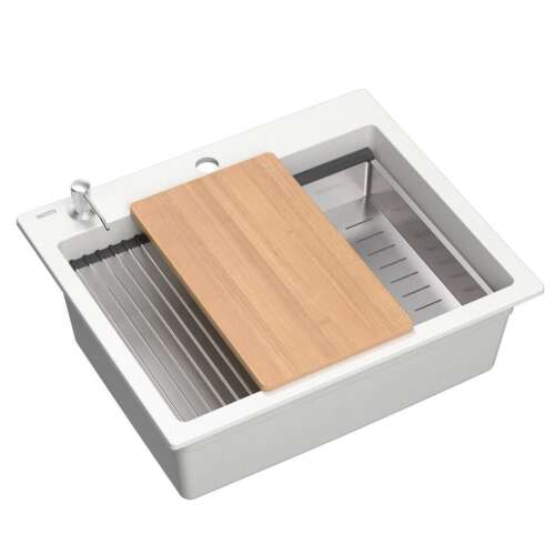 Zlewozmywak granitowy KURT 110 WORKSTATION Biały z deską do krojenia z bambusa i akcesoriami