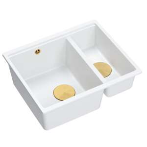 Zlewozmywak granitowy Logan 150 White, dwukomorowy, złote sitka - Nonbrand Taca do zmywarki
