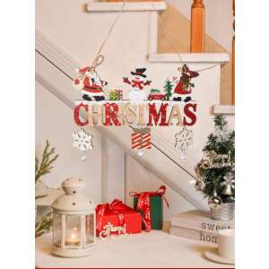 Fából készült karácsonyi tábla, rajta Mikulás, hóember, rénszarvas és a 'CHRISTMAS' felirat, tökéletes a karácsonyi otthoni dekorációhoz - Ajtódísz