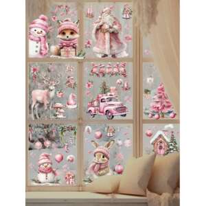 Rózsaszín karácsonyi ablakmatricák, Vanco-Up, Mikulás, hóember, rénszarvas, róka, nyúl, teherautó, fa, madarak, ház, díszek, 9 lap - Ablakmatrica