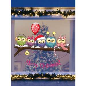 Vanco-Up Karácsonyi Baglyos Ablakmatrica, 5 bagoly egy ágon, Merry Christmas felirattal, ablakokra és falakra - Dekoráció