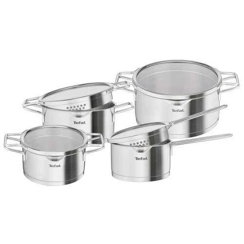 Tefal Nordica 8-piece stainless steel cookware set with glass lids, featuring a strainer lid for easy draining