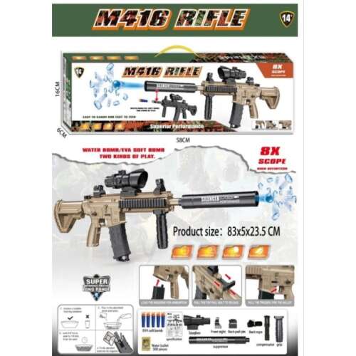 M416 puska játék, vízipisztoly, 8x távcső, hangtompító, kompenzátor, markolat és egyéb kiegészítők