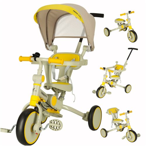 TRIKE FIX V4 yellow-grey tricycle for kids with sun canopy, convertible stroller bike