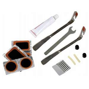 Set de reparare a camerei de bicicletă cu petice, adeziv, leviere pentru anvelope, cheie și abraziv. - Depozitare și organizare