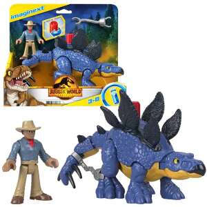 Set de figurine Imaginext Jurassic World Stegosaurus și Dr. Grant, cu un dinozaur Stegosaurus albastru și galben cu coadă mobilă și o figurină Dr. Grant - Mattel Figurine de basm