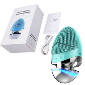 Facial cleansing brush with LED lights, silicone brush head, 5 vibration levels, green, silver, USB charging,  for deep cleansing, exfoliating, and anti-aging - Facial care device