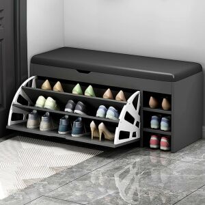 Cipőtároló Pad shoe storage bench with cushioned seat, open shoe shelves, and storage compartment. - Shoe Storage