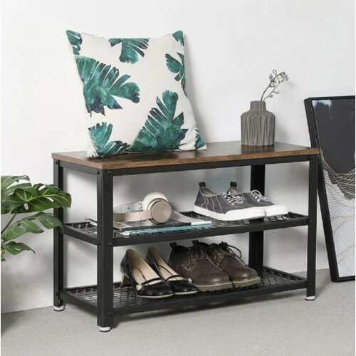 Rustic shoe bench with storage shelves and faux leather seat. Stylish entryway organizer.