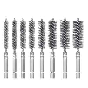 8 piece set of stainless steel wire bore brushes for cleaning, polishing, and deburring - Drill and Screwdriver Accessory