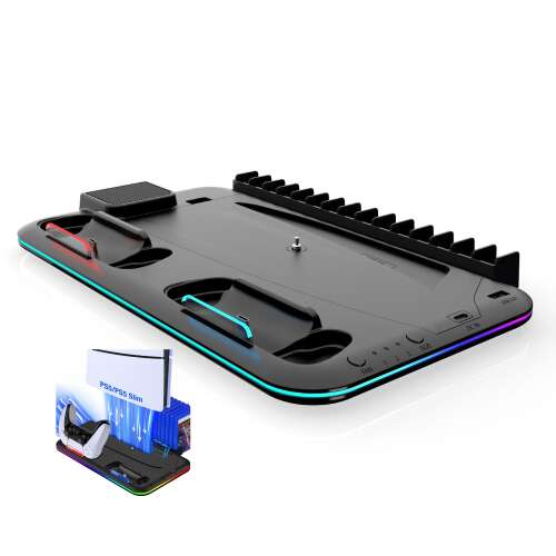 PS5 Vertical Cooling Stand with Dual Controller Charging Station, RGB Lighting, and Game Disc Storage