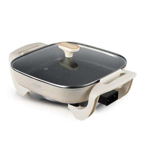 RAF Electric Hot Pot with non-stick coating, 5L capacity, featuring a glass lid for easy monitoring of the cooking process.