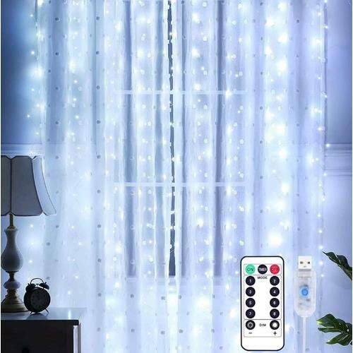 White LED curtain lights, 3x2m, 200 LEDs, with remote control and USB cable, for indoor use, create a festive atmosphere