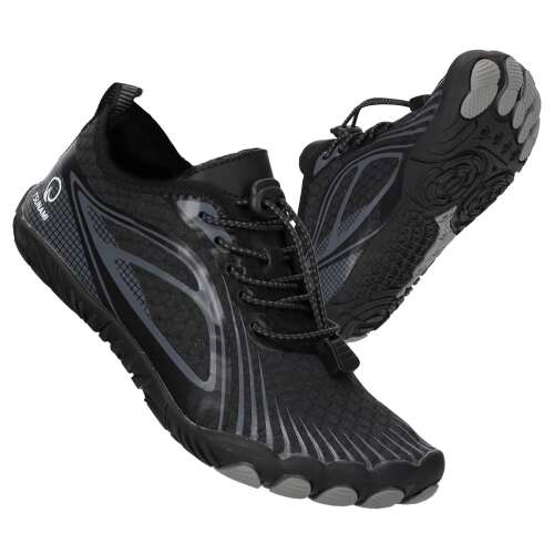 Black water shoes with grey sole, angled view