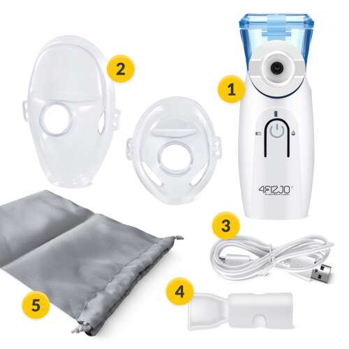 4FIZJO LITE hálós porlasztó inhalátor, a készlet tartalmaz inhalátort, maszkot, szájrész, USB kábelt és hordtáskát