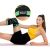 Woman wearing 4Fizjo Elastic Knee Stabilizer L - Black and Green, close-up on logo