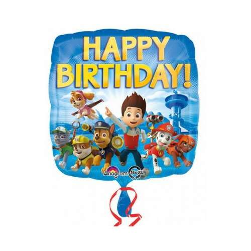 Mancs Őrjárat Boldog Születésnapot fólia lufi, 43 cm, Chase, Skye, Marshall, Rubble, Rocky és Zuma szerepel rajta