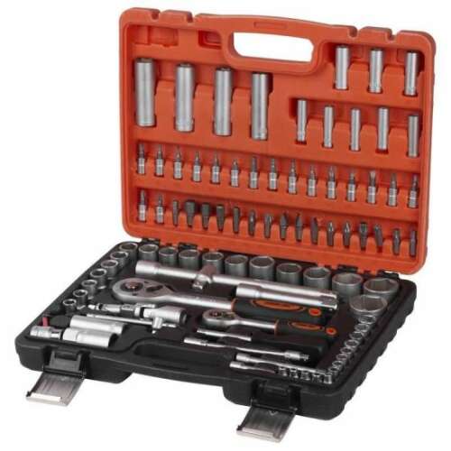 94 darabos dugókulcs készlet narancssárga és fekete tokban, ideális autójavításhoz és otthoni javításokhoz