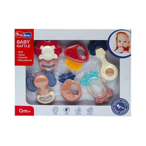 Telly Baby márkájú, 6 darabos színes és fejlesztő rágóka készlet