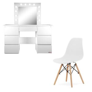 Vanessa Dressing Table/Vanity with Scandinavian Style Chair, White, with Mirror and LEDs, 130x43x143 cm 125164009 - Dressing Table