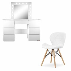 Vanessa White Dressing Table Set with LED Mirror and Scandinavian Chair - Dressing Table