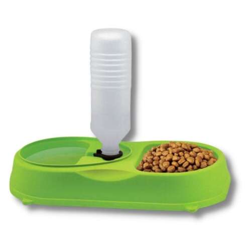 Green double bowl pet food and water dispenser with water bottle, 34x18x7 cm