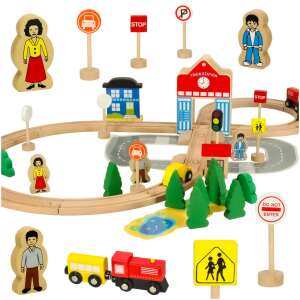 Set de tren din lemn cu șine, stație de tren, figurine, clădiri și accesorii - Tren, element feroviar, autostradă