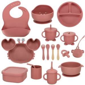 19 piece silicone dinnerware set for kids, featuring a crab shaped plate, in dark pink color - Children's dinnerware set
