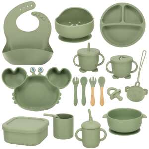 Ikonka 19-piece silicone baby feeding set in green, includes bib, bowls, plates, cups, and utensils - JM