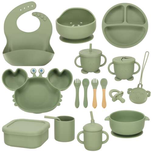 Ikonka 19-piece silicone baby feeding set in green, includes bib, bowls, plates, cups, and utensils