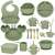 Ikonka 19-piece silicone baby feeding set in green, includes bib, bowls, plates, cups, and utensils