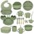 Ikonka 19-piece silicone baby feeding set in green, includes bib, bowls, plates, cups, and utensils