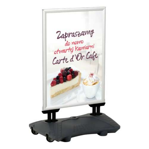 A1-es kültéri hirdetőtábla vízzel tölthető talppal, szürke, kerekekkel, poszterek, táblák és hirdetések számára, Megállítótábla talp