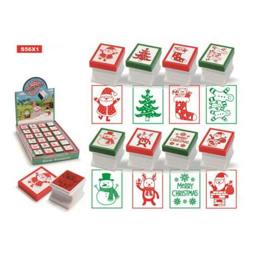 24 darabos karácsonyi bélyegkészlet különböző mintákkal, köztük Mikulás, karácsonyfa, hóember, rénszarvas és mézeskalács ember