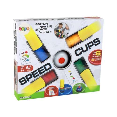 Speed Cups társasjáték doboz, színes poharak, kártyák, csengő, 2-6 játékos, 4 éves kortól