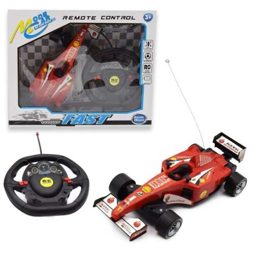 Piros távirányítós versenyautó kormányos távirányítóval, gyors játékautó gyerekeknek