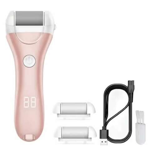 Electric foot callus remover with LED display, 2 speeds, 3 interchangeable heads, USB charging, pink