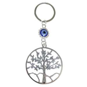 Silver Tree of Life keychain with blue evil eye charm - Keychain