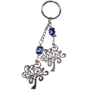 Silver Tree of Life keychain with two blue evil eye beads, Feng Shui amulet for protection and luck - Keychain
